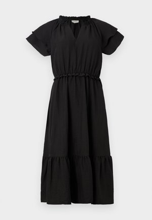 Schwarzes Kleid mit kurzen, schwingenden Ärmeln, einem V-Ausschnitt, einem elastischen Taillenbund und einem schichtartigen, gerüschten Rock. Hergestellt aus leichtem Stoff.