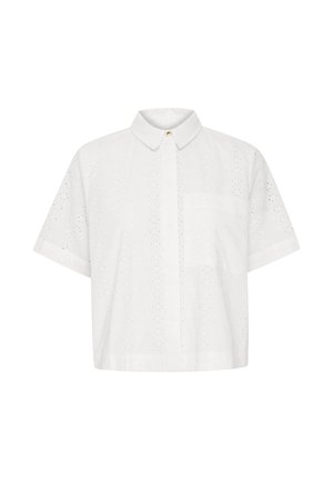Weißes Kurzarm-Hemd zum Knöpfen mit Kragen und dezenten floralen Lochstickereien, ausgestattet mit einer Brusttasche vorne und verdeckten Knöpfen.