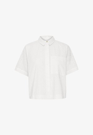 Valge lühikeste varrukatega särgike, millel on krae ja peen lillemustriline silmaauguga tikand, ees rinnatasku ja varjatud nööbid.