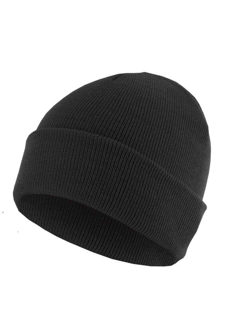 Black knitted beanie hat with a thick ribbed texture, featuring a fold-over cuff and seamless top for a snug fit.