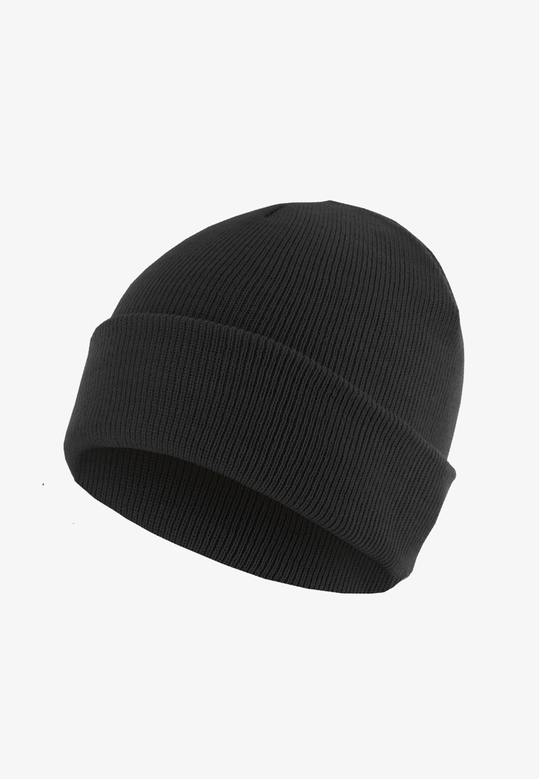 Berretto in maglia nera con una spessa texture a coste, dotato di risvolto e cima senza cuciture per una vestibilità aderente.