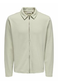 Light green zip-up jacket with a pointed collar, made from textured fabric. Features long sleeves and a smooth zipper down the front.