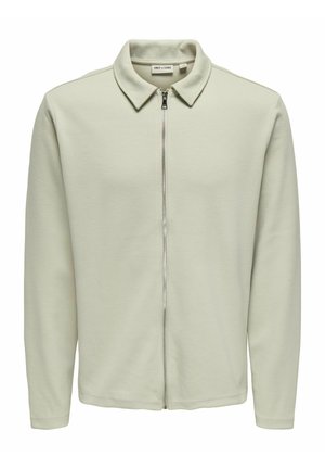 Giacca verde chiaro con zip, dotata di colletto a punte, realizzata in tessuto testurizzato. Presenta maniche lunghe e una zip liscia sul davanti.