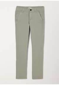 Smukłe, jasnooliwkowe spodnie wykonane z gładkiego materiału. Posiadają zamek błyskawiczny, zapięcie na guzik oraz kieszenie boczne. Prosty design z czystymi liniami.