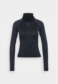 Top a maniche lunghe nera con collo alto, dalla vestibilità aderente e un motivo a coste texturizzato. Realizzato in tessuto elasticizzato e leggero.