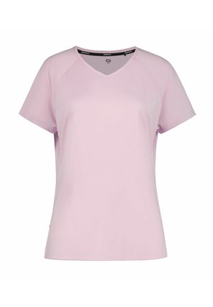 Camiseta de mujer de manga corta y cuello en V de color rosa claro con mangas raglán, tejido liso y corte ligeramente ajustado sobre fondo blanco.