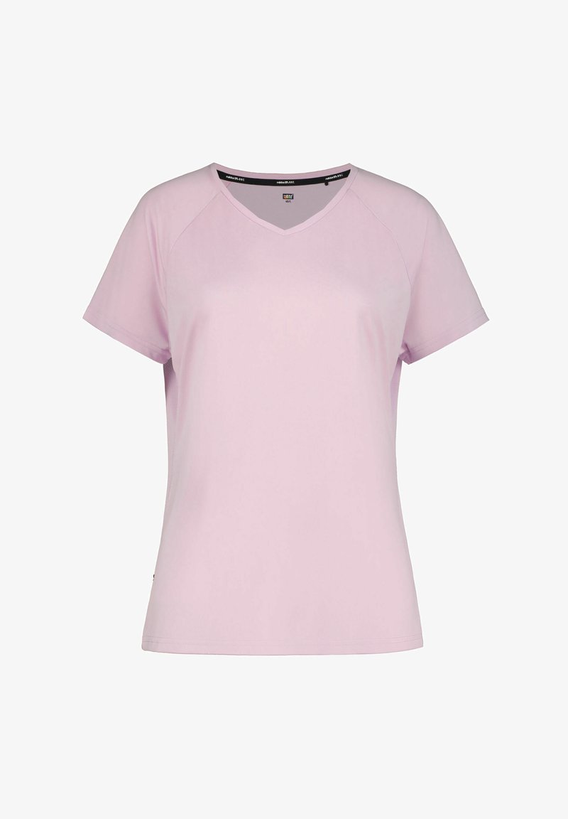 T-shirt pour femme de couleur rose clair, manches courtes raglan, col en V, tissu lisse et coupe légèrement ajustée sur fond blanc.