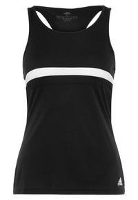 Canottiera sportiva nera senza maniche con una striscia orizzontale bianca sul petto. Realizzata in tessuto liscio e leggero. Include dettagli con logo.