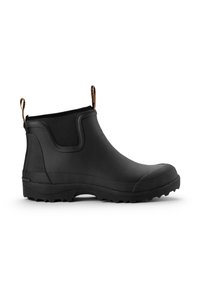 Schwarzer Gummistiefel mit strukturiertem Obermaterial, elastischen seitlichen Einsätzen und rutschfester Sohle für besseren Halt. Mit einer Zuglasche für ein einfaches An- und Ausziehen.