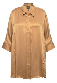 Camicetta in satin bronzo con scollo a collare, chiusura a bottoni, maniche a tre quarti arrotolate e vestibilità rilassata. Tessuto liscio e lucido.