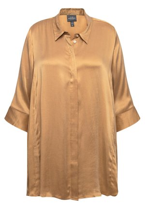 Camicetta in satin bronzo con scollo a collare, chiusura a bottoni, maniche a tre quarti arrotolate e vestibilità rilassata. Tessuto liscio e lucido.
