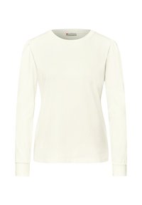 Wit T-shirt met lange mouwen en ronde hals, gemaakt van katoen. Voorzien van geplooide details op de schoudernaden en nauwsluitende manchetten. Gladde textuur.