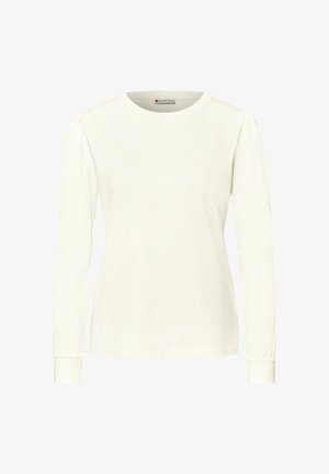 Wit T-shirt met lange mouwen en ronde hals, gemaakt van katoen. Voorzien van geplooide details op de schoudernaden en nauwsluitende manchetten. Gladde textuur.