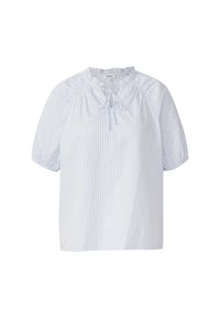 Blouse à manches courtes rayée bleu clair et blanche avec un col froncé et un détail à nouer à l'avant. Fabriquée en tissu léger.