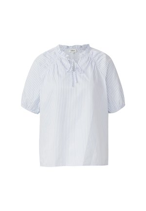 Jasnoniebieska bluzka w białe paski z krótkim rękawem, z falbaniastym dekoltem oraz wiązaniem z przodu. Wykonana z lekkiego materiału.