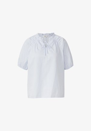 Jasnoniebieska bluzka w białe paski z krótkim rękawem, z falbaniastym dekoltem oraz wiązaniem z przodu. Wykonana z lekkiego materiału.