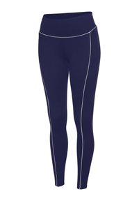 Jūras zila sporta legingi ar augsto vidukli, kas novēroti ar kontrastējošiem baltajiem rāmjiem pa sāniem un gludu, elastīgu tekstūru.