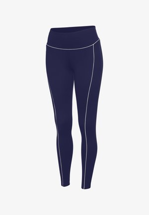 Marineblauwe sportlegging met een hoge tailleband, voorzien van contrasterende witte piping langs de zijkanten en een gladde, elastische textuur.