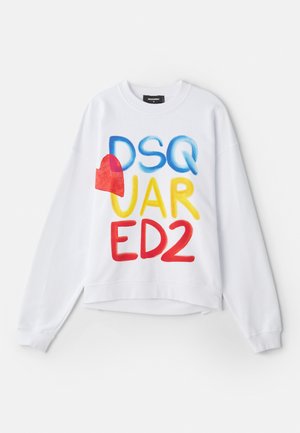 White sweatshirt featuring multicolored text "DSQUARED2" with a red heart accent. Soft fabric, relaxed fit, ribbed cuffs, and hem.