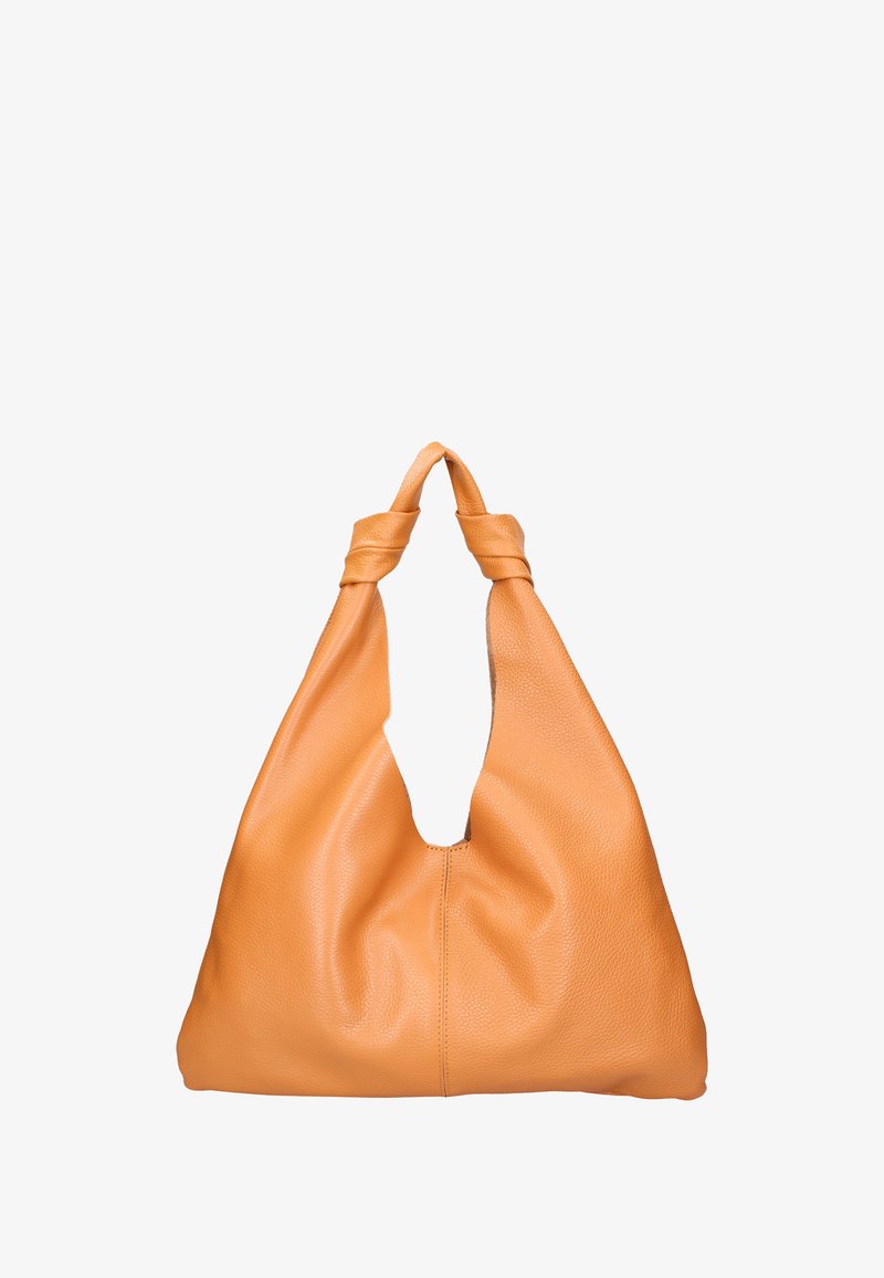 Borsa hobo in pelle arancione texturizzata, caratterizzata da un design morbido con cinturini annodati e un'ampia apertura, adatta per un uso casual.