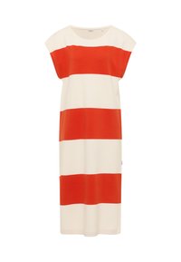 Rochie rayată cu dungi orizontale îndrăznețe roșii și crem, cu mâneci scurte, guler rotund și o croială lejeră. Material tricotat texturat.