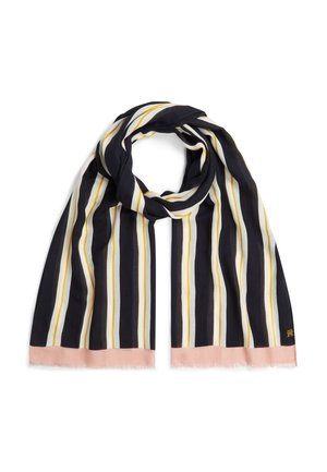 Czarny szalik z pionowymi białymi, żółtymi paskami i różowymi krawędziami, złożony w luźną pętlę z frędzlami na końcach.
