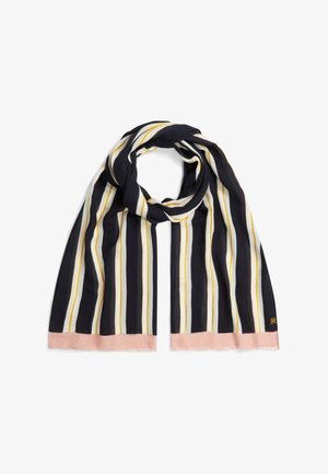 Czarny szalik z pionowymi białymi, żółtymi paskami i różowymi krawędziami, złożony w luźną pętlę z frędzlami na końcach.