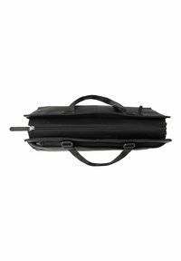 Zwarte leren tas met een platte vorm, dubbele ritsen en twee stevige handvatten. Textuuraccenten in de stof voegen detail toe. Bovenaanzicht toont een functioneel ontwerp.