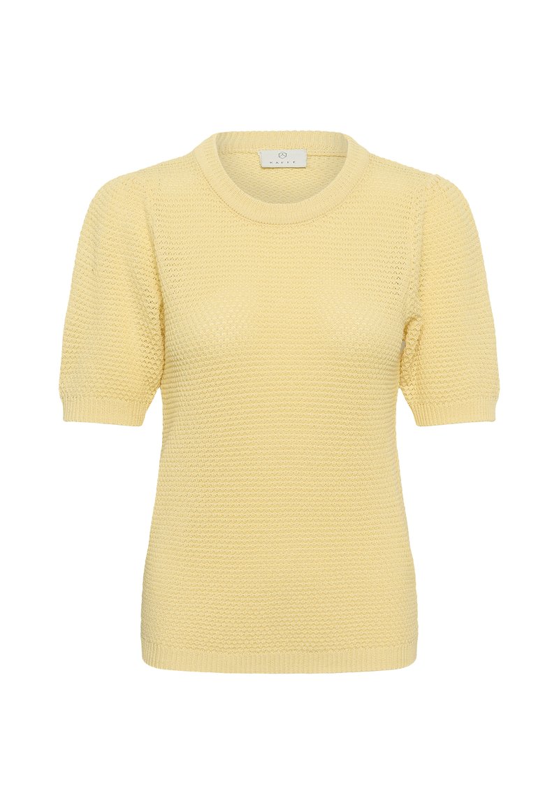 Haut tricoté jaune doux à manches courtes avec un motif texturé, encolure ronde, poignets et ourlet côtelés, présenté sur un fond blanc.