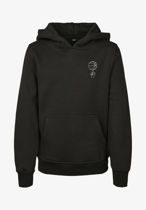 Zwarte hoodie gemaakt van zachte stof, met een kangoeroezak en een witte basketbalafbeelding op de borst.