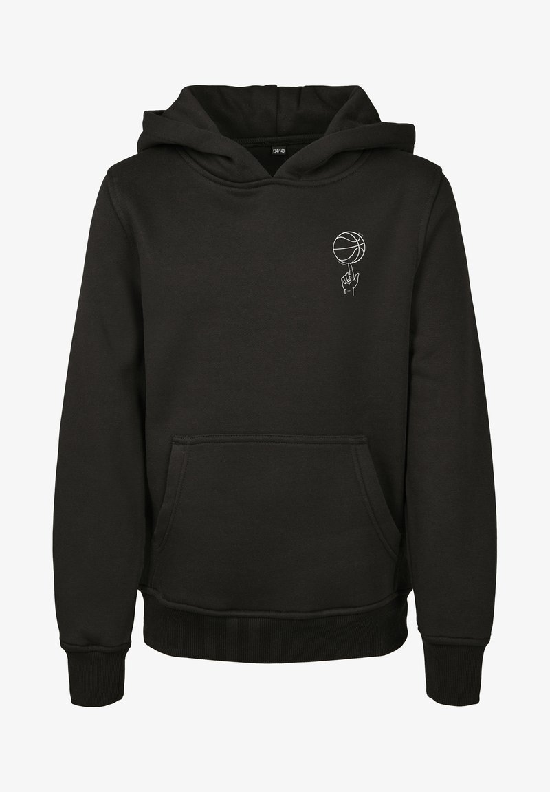 Zwarte hoodie gemaakt van zachte stof, met een kangoeroezak en een witte basketbalafbeelding op de borst.