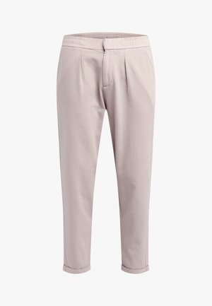 Light beige trousers with an elastic waistband, front pleats, tapered legs, and cuffed hems. Made from a smooth, woven fabric.