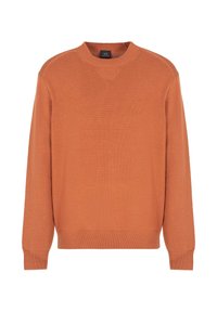 Oranger Strickpullover mit rundem Halsausschnitt, gerippten Bündchen und Saum, mit subtiler Textur und lockerer Passform. Etikett zeigt die Marke an.