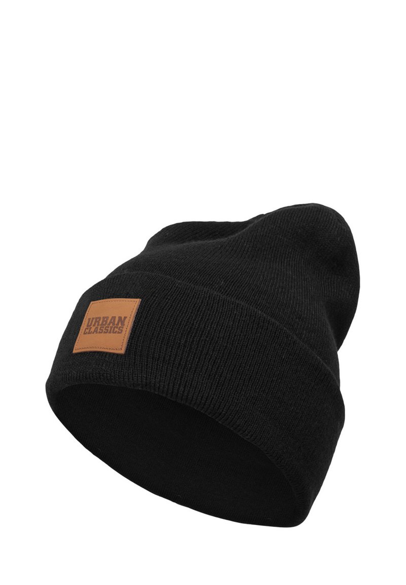 Urban Classics Leather Patch Long Beanie Hat - Black Acrylic Slouchy Beanie For Men & Women