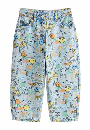 Light blue denim pants with colorful smiley faces, rainbows, hearts, flowers, and positive words like "Be Kind" and "You Are Amazing" printed all over.