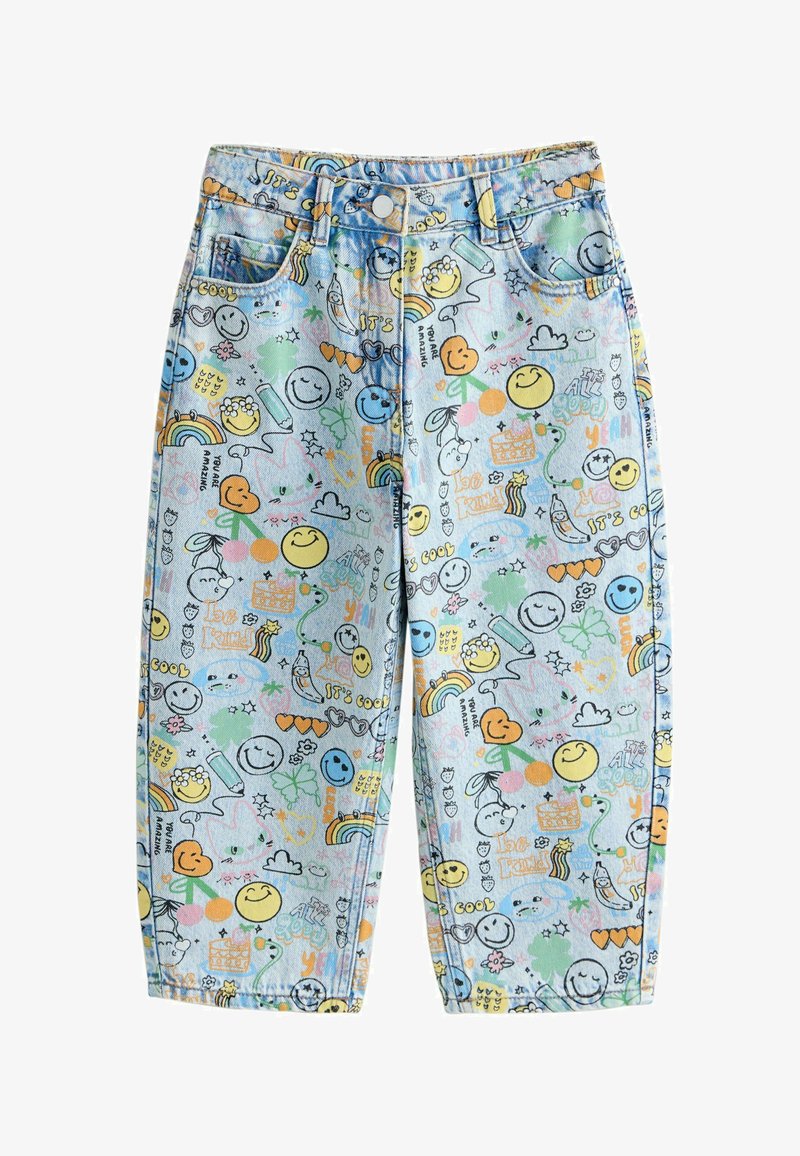 Pantalon en denim bleu clair avec des visages souriants colorés, des arcs-en-ciel, des cœurs, des fleurs et des mots positifs tels que "Sois gentil" et "Tu es incroyable" imprimés partout.