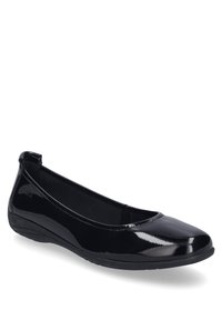 Czarne lakierowane baletki z okrągłym noskiem, niewielkim obcasem i wyściełaną wkładką, charakteryzujące się gładkim, błyszczącym wykończeniem.
