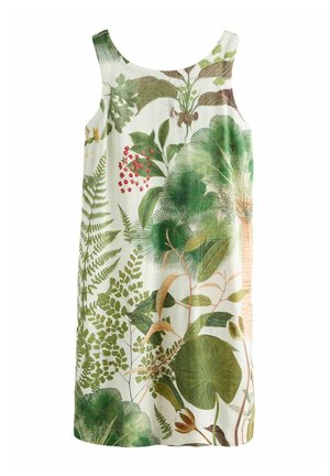 Robe blanche sans manches avec imprimé botanique à feuilles vertes et fleurs, comprenant des fougères, des feuilles de palmier et des baies rouges, longueur genoux, coupe droite.