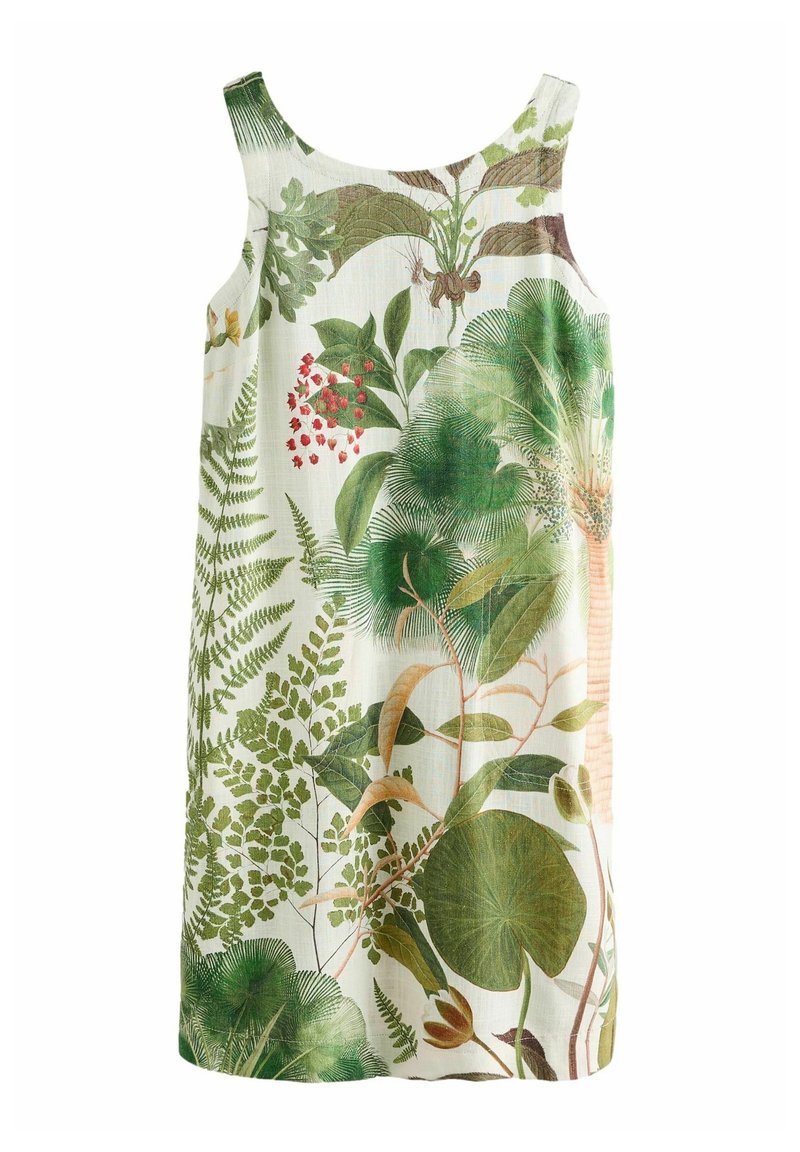 Robe blanche sans manches avec imprimé botanique à feuilles vertes et fleurs, comprenant des fougères, des feuilles de palmier et des baies rouges, longueur genoux, coupe droite.