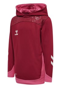 Röd huvtröja med en strukturerad axelpanel med silverprickar, rosa detaljer på ärmar och nederkant, samt en logotyp framtill.