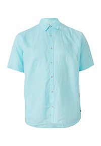 Lichtblauwe korte mouwen shirt gemaakt van linnen, met een knoopsluiting aan de voorkant, klassieke kraag en een losse pasvorm met een licht gebogen zoom.
