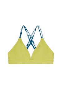 Top bikini verde lime con design triangolare, caratterizzato da spalline incrociate blu e bianche. Tessuto liscio con cuciture rinforzate.