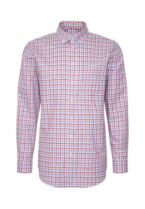 Chemise à manches longues à boutons avec un motif à carreaux rouge, bleu et blanc et une seule poche poitrine.