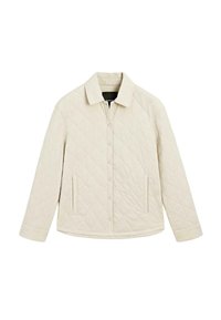 Prošívaná krémová bunda s límcem, zapínáním na knoflíky vpředu a dvěma bočními kapsami. Má prošívání ve tvaru diamantů a dlouhé rukávy.