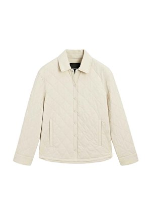 Kremowa pikowana kurtka z kołnierzem, zapinana na guziki, z dwoma bocznymi kieszeniami. Charakteryzuje się przeszyciami w kształcie diamentu oraz długimi rękawami.