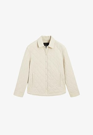 Giacca trapuntata color crema con colletto, chiusura frontale con bottoni e due tasche laterali. Presenta cuciture a motivo a diamante e maniche lunghe.