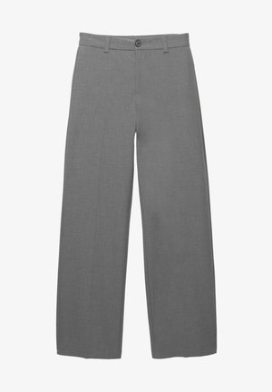 Pantaloni a gamba larga grigi con bottone frontale e passanti per cintura, realizzati in tessuto morbido, esposti su uno sfondo bianco.