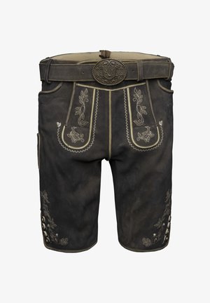 Dunkelleder-Shorts mit feiner heller Stickerei, einem breiten Gürtel mit einer detaillierten Schnalle und dekorativen Knöpfen an den Seiten.