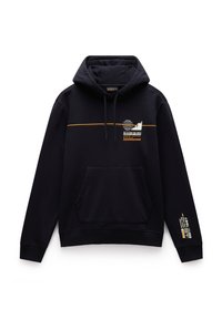 Felpa blu navy con cappuccio regolabile, tasca a marsupio frontale e stampe grafiche arancioni e bianche sul petto e sulla manica. Morbido al tatto.