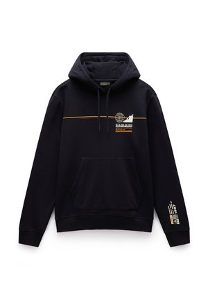 Navy blauwe hoodie met een trekkoordkap, een voorkant zak en grafische prints in oranje en wit op de borst en mouw. Zachte textuur.